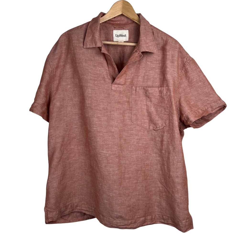UpWest Mens XL Linen Cotton Short Sleeve Polo Shirt Rust Terracotta‎